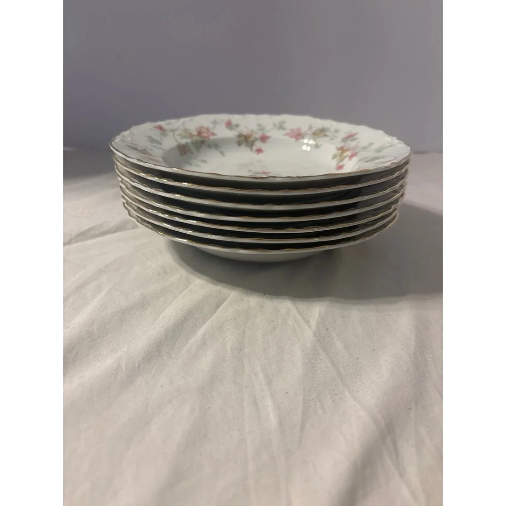 Hutschenreuther Soup Bowls Set 6 White Pink Green Scalloped Gold Rim